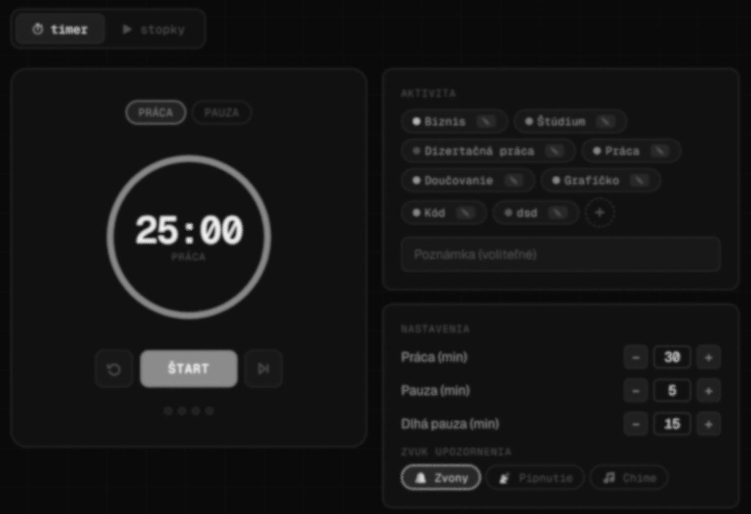 Focusino Pomodoro timer - rozhranie aplikácie s časovačom, aktivitami a nastaveniami